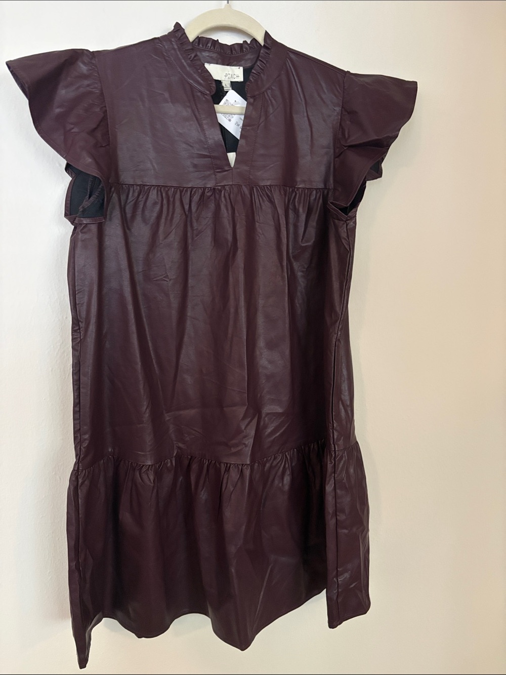 Pinch Faux Leather Ruffle-Sleeve Dress in Burgundy